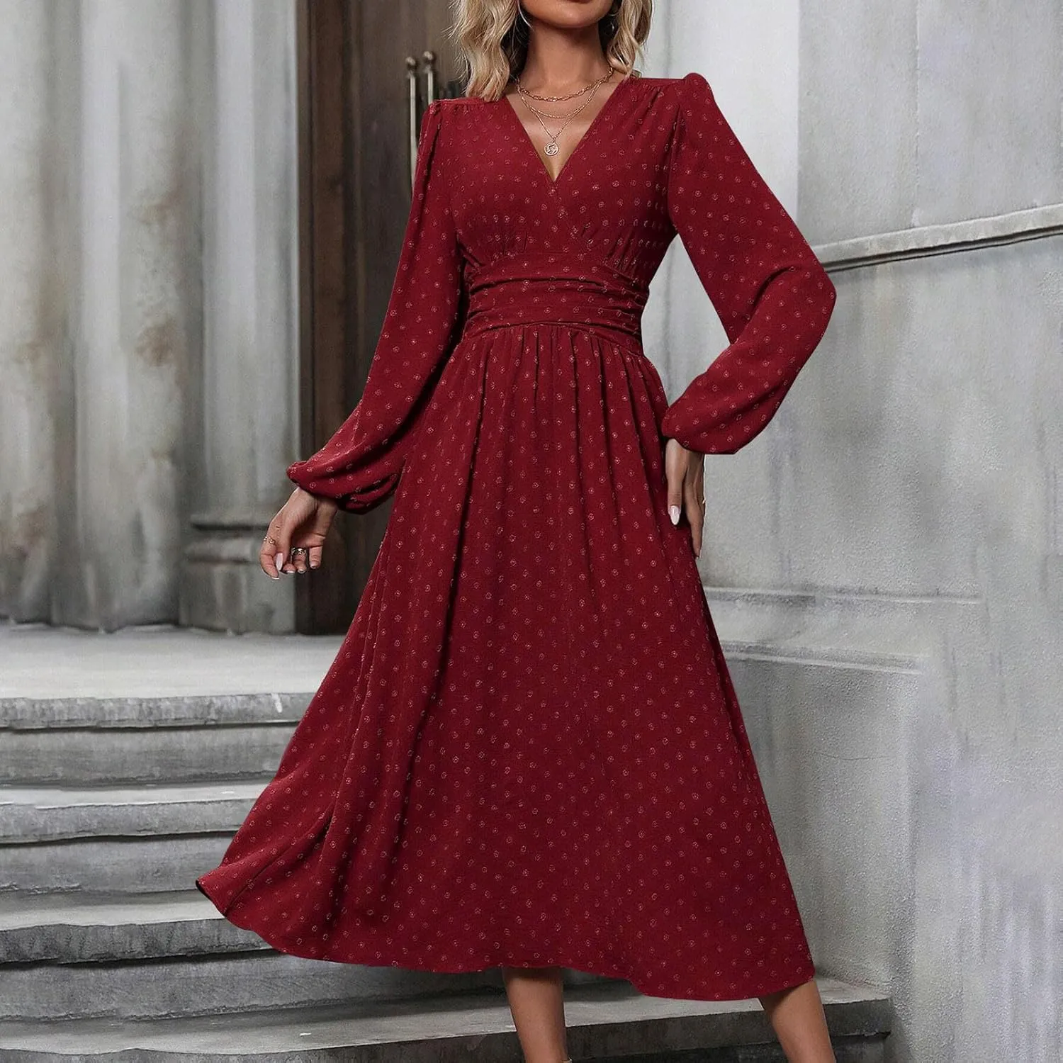 Spring Dresses for Women 2025 Long Sleeve Wedding Guest Dresses Formal Flowy Chiffon Swiss Dots Maxi Bohemian Dress