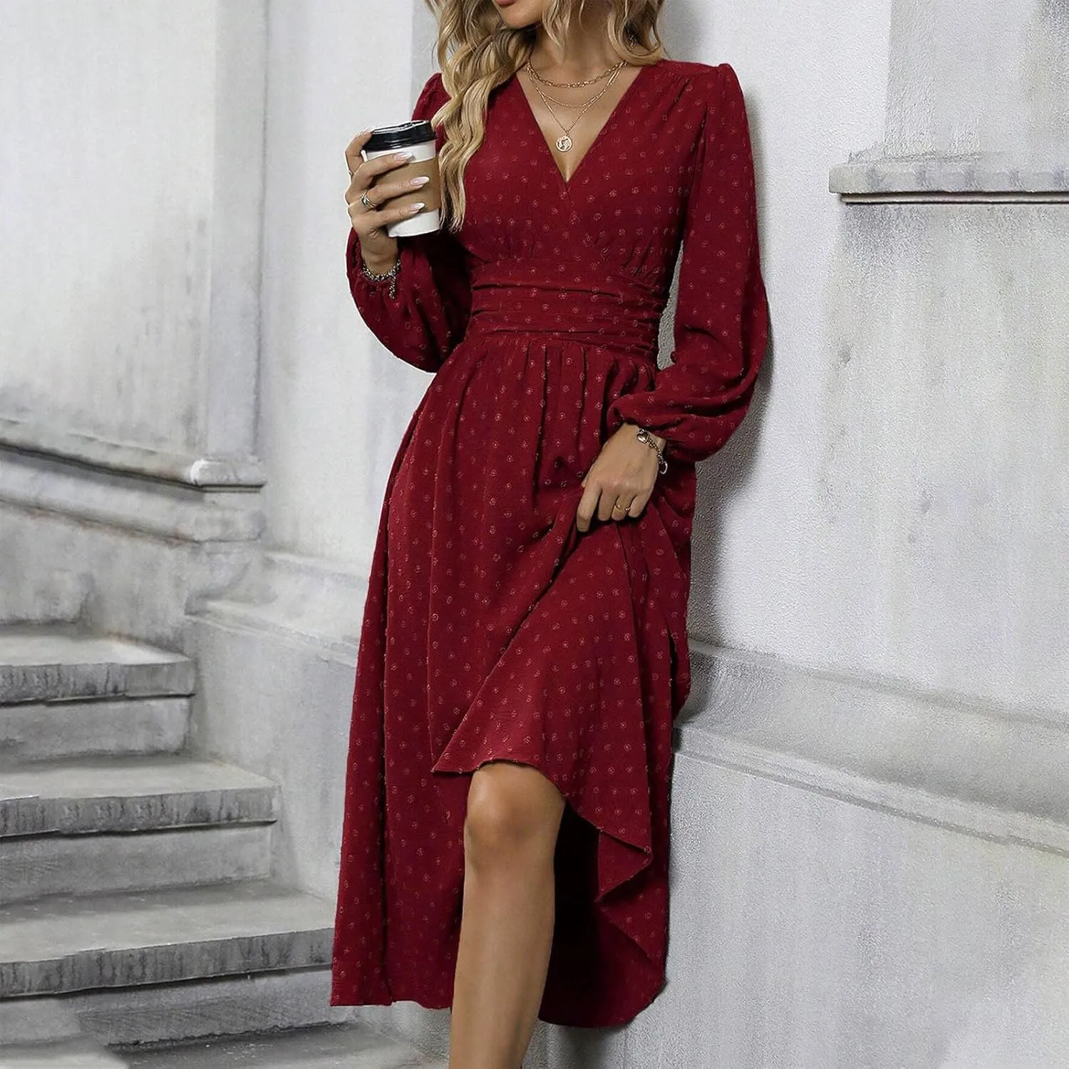 Spring Dresses for Women 2025 Long Sleeve Wedding Guest Dresses Formal Flowy Chiffon Swiss Dots Maxi Bohemian Dress