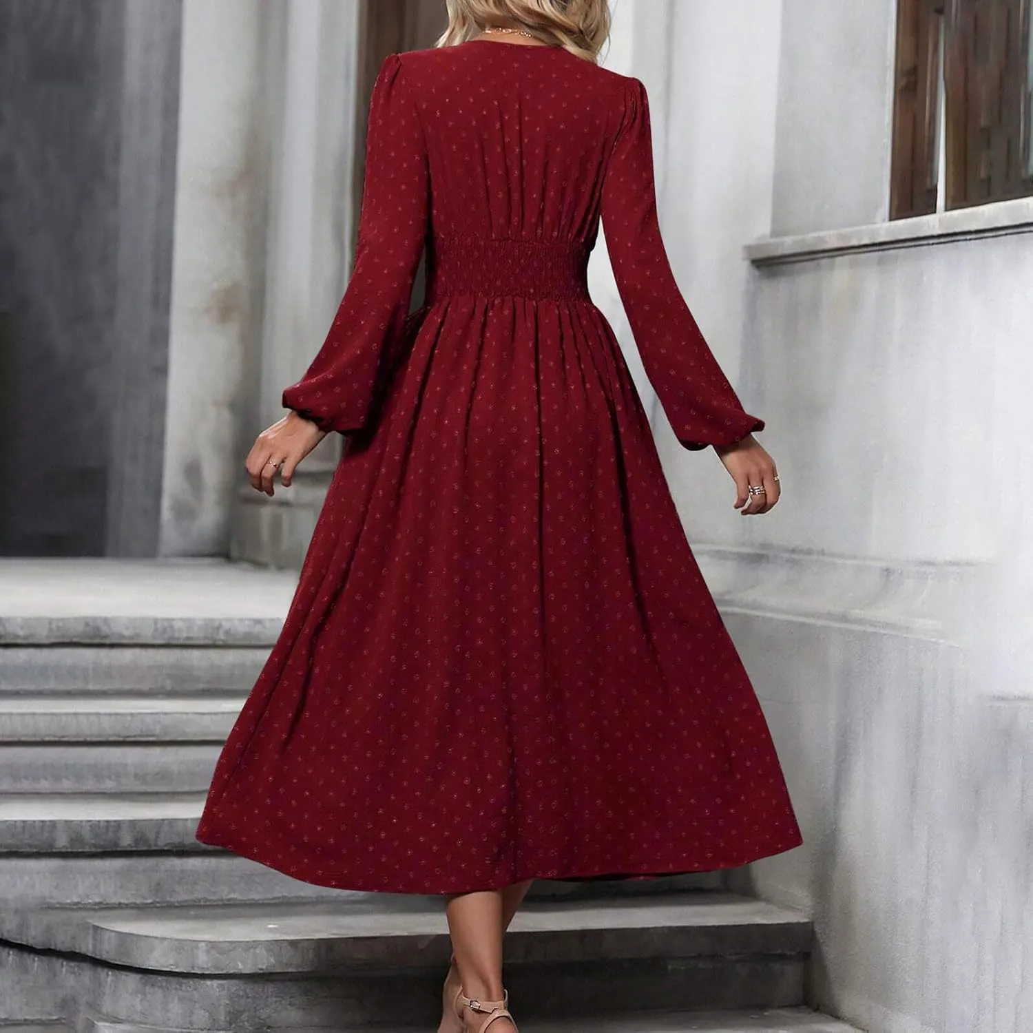 Spring Dresses for Women 2025 Long Sleeve Wedding Guest Dresses Formal Flowy Chiffon Swiss Dots Maxi Bohemian Dress