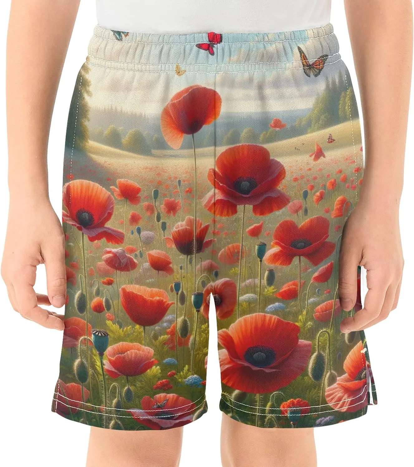 Spring Red Poppies Grassland Toddler Boy's Casual Shorts Trendy Cool Sweat Shorts Custom Kids Streetwear 7-8