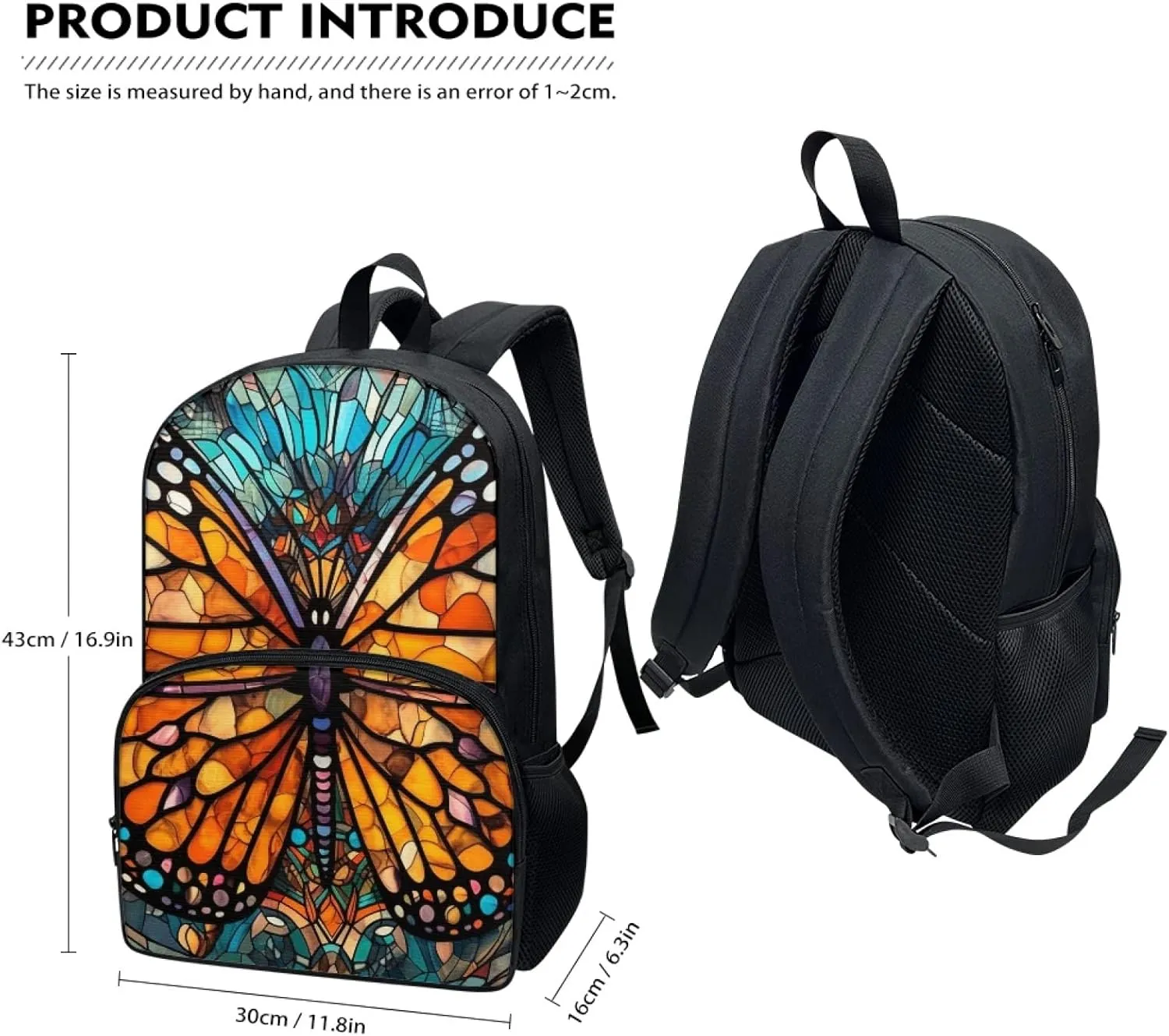 Stained Glass Butterflies Backpacks Outdoor Travel Lightweight Cute Monarch Butterfly Bookbag Girls Boys Teenagers Laptop Compartments School Bag Orange Blue