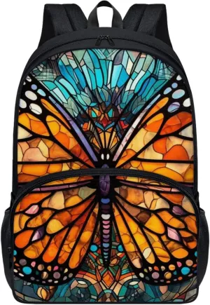 Stained Glass Butterflies Backpacks Outdoor Travel Lightweight Cute Monarch Butterfly Bookbag Girls Boys Teenagers Laptop Compartments School Bag Orange Blue