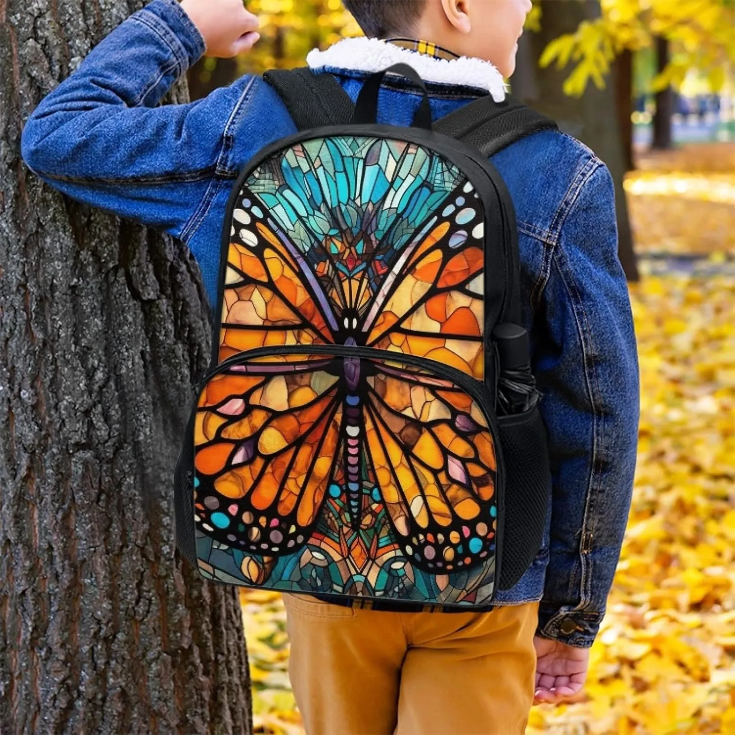 Stained Glass Butterflies Backpacks Outdoor Travel Lightweight Cute Monarch Butterfly Bookbag Girls Boys Teenagers Laptop Compartments School Bag Orange Blue