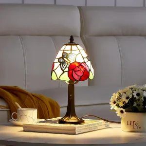 Stained Glass Butterfly with Rose Design Table or Desk Light, Tiffany Style Mini Table Lamp-LED Bulb Included-Vintage Look Colorful Accent Decor