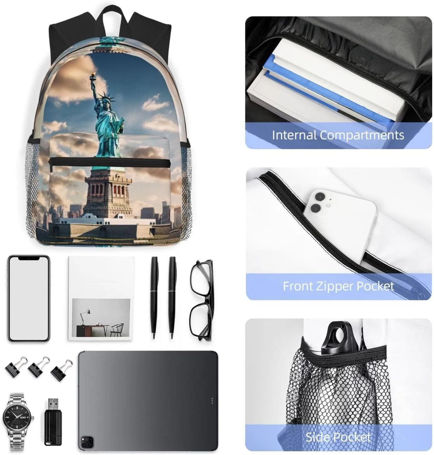 Statue Of Liberty In Nyc Men Women Office Laptop Backpack,Work Bag 15.7 Inch Business Travel Bags Large Capacity