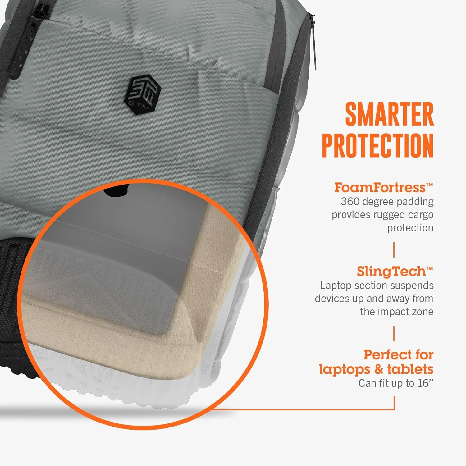 STM Dux 16L Backpack - Slim, Rugged, Comfortable, Innovative, Versatile, 360 Degree Protective Backpack for Men & Women, Fits up to a 16" Laptop Plus a Tablet Sleeve - Grey