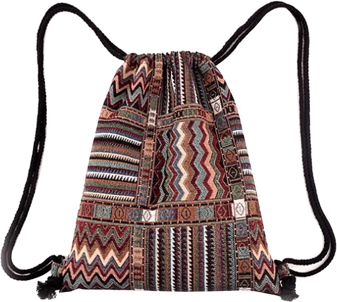 Stripes Knit Drawstring Bag Sport Backpack Large Shoulders Bag Casual Daypack Purse Travel Tote Brown