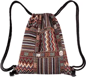Stripes Knit Drawstring Bag Sport Backpack Large Shoulders Bag Casual Daypack Purse Travel Tote Brown