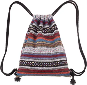 Stripes Knit Drawstring Bag Sport Backpack Large Shoulders Bag Casual Daypack Purse Travel Tote Grey