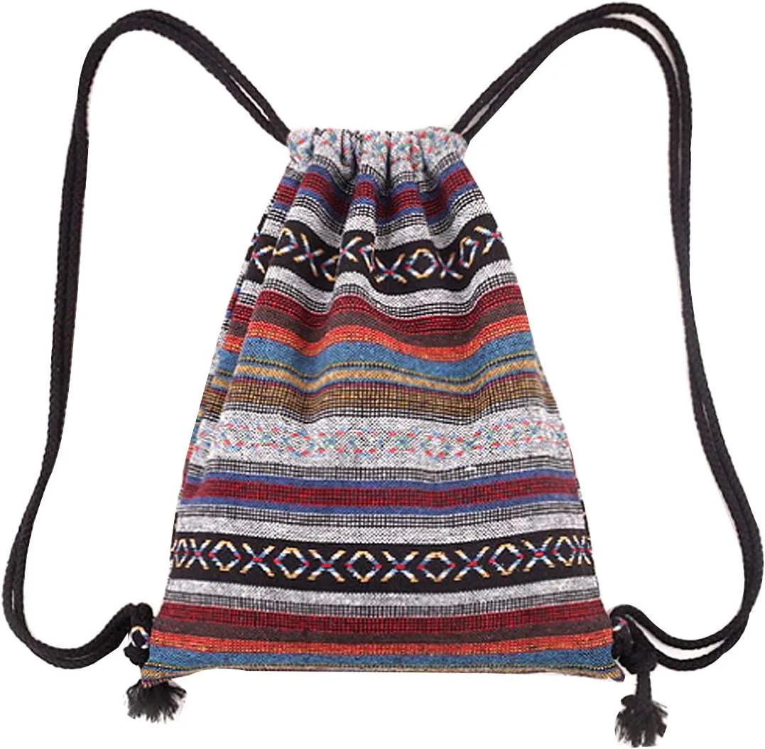 Stripes Knit Drawstring Bag Sport Backpack Large Shoulders Bag Casual Daypack Purse Travel Tote Grey