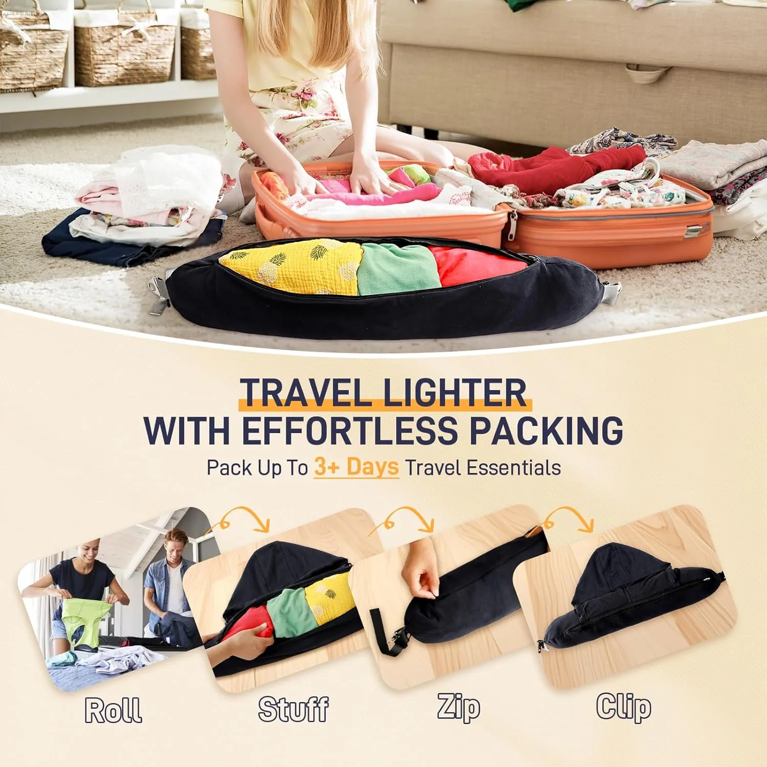 Stuffable Neck Pillow for Travel with Hood, Hoodie Travel Neck Pillow Stuffable with Clothes, Fillable Neck Pillow for Airplane, Travel Pillow Storage Bag, Neck Pillow Cover for Extra Luggage Black