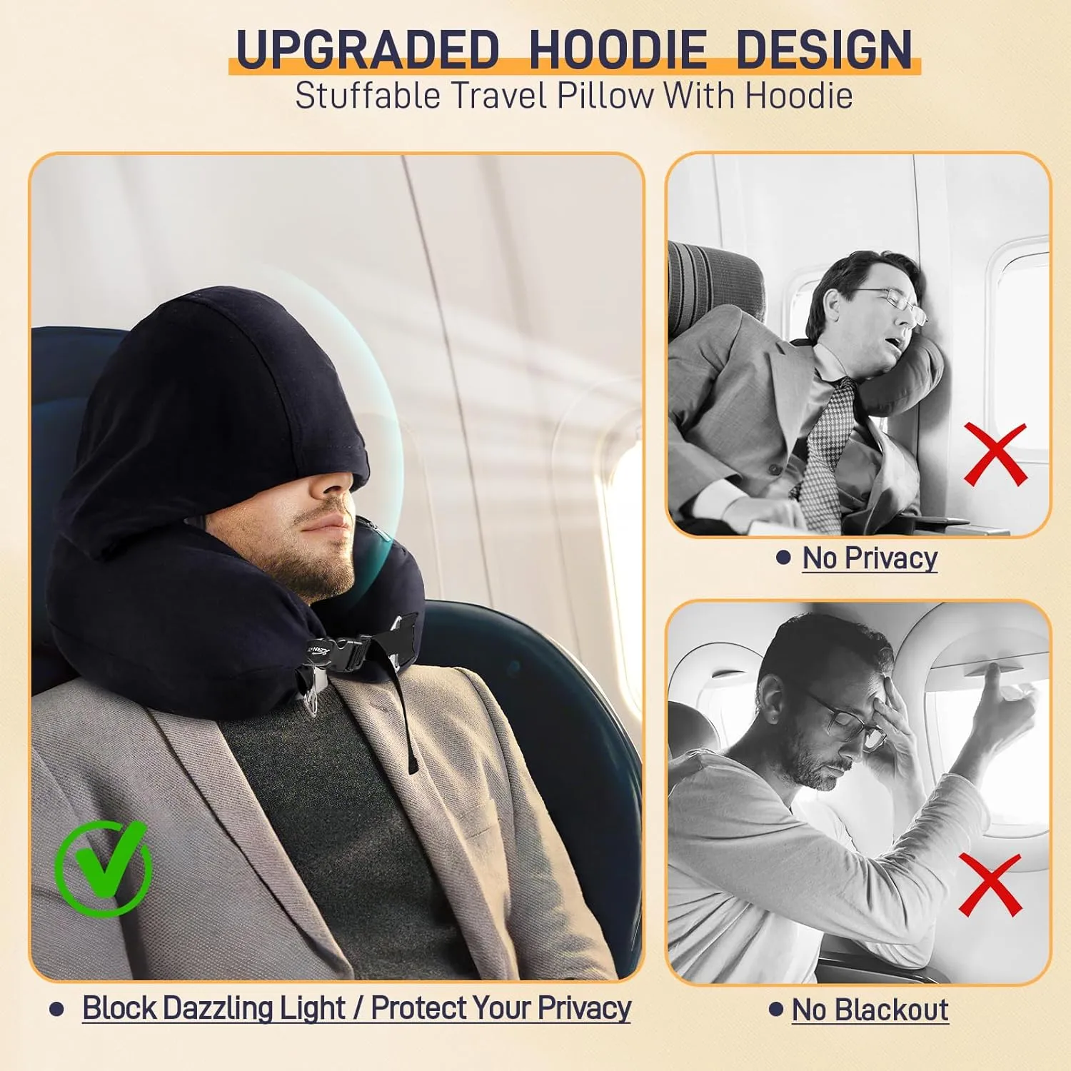 Stuffable Neck Pillow for Travel with Hood, Hoodie Travel Neck Pillow Stuffable with Clothes, Fillable Neck Pillow for Airplane, Travel Pillow Storage Bag, Neck Pillow Cover for Extra Luggage Black