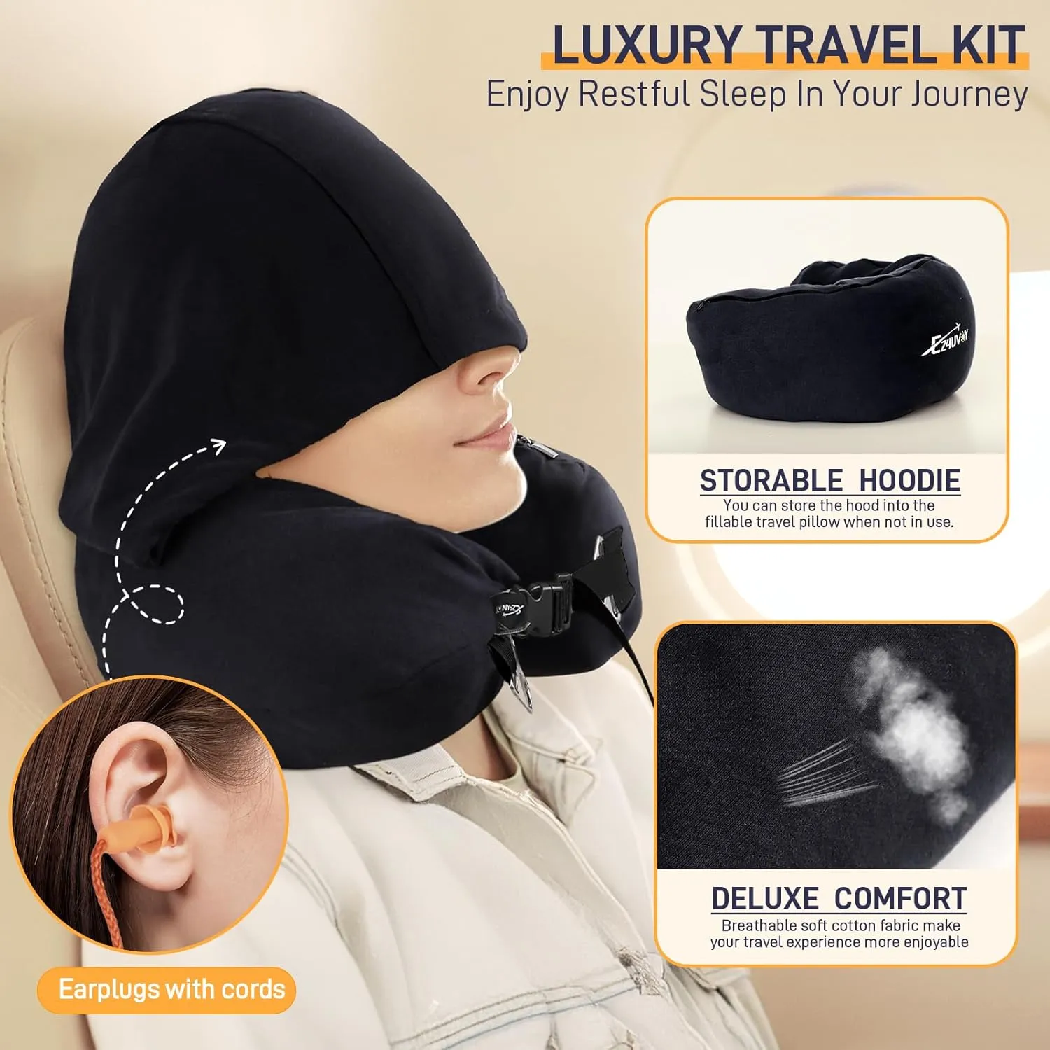 Stuffable Neck Pillow for Travel with Hood, Hoodie Travel Neck Pillow Stuffable with Clothes, Fillable Neck Pillow for Airplane, Travel Pillow Storage Bag, Neck Pillow Cover for Extra Luggage Black