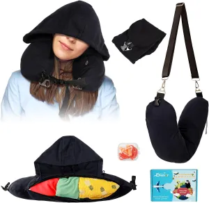 Stuffable Neck Pillow for Travel with Hood, Hoodie Travel Neck Pillow Stuffable with Clothes, Fillable Neck Pillow for Airplane, Travel Pillow Storage Bag, Neck Pillow Cover for Extra Luggage Black
