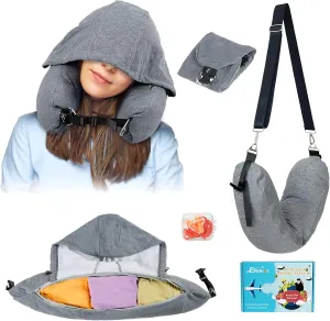 Stuffable Neck Pillow for Travel with Hood, Hoodie Travel Pillow Stuffable with Clothes, Fillable Travel Pillow Storage Bag, Soft Empty Neck Pillow Case, Packable for Airplane Travel Essentials
