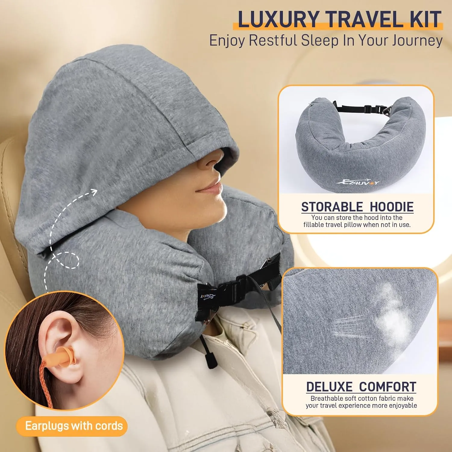 Stuffable Neck Pillow for Travel with Hood, Hoodie Travel Pillow Stuffable with Clothes, Fillable Travel Pillow Storage Bag, Soft Empty Neck Pillow Case, Packable for Airplane Travel Essentials