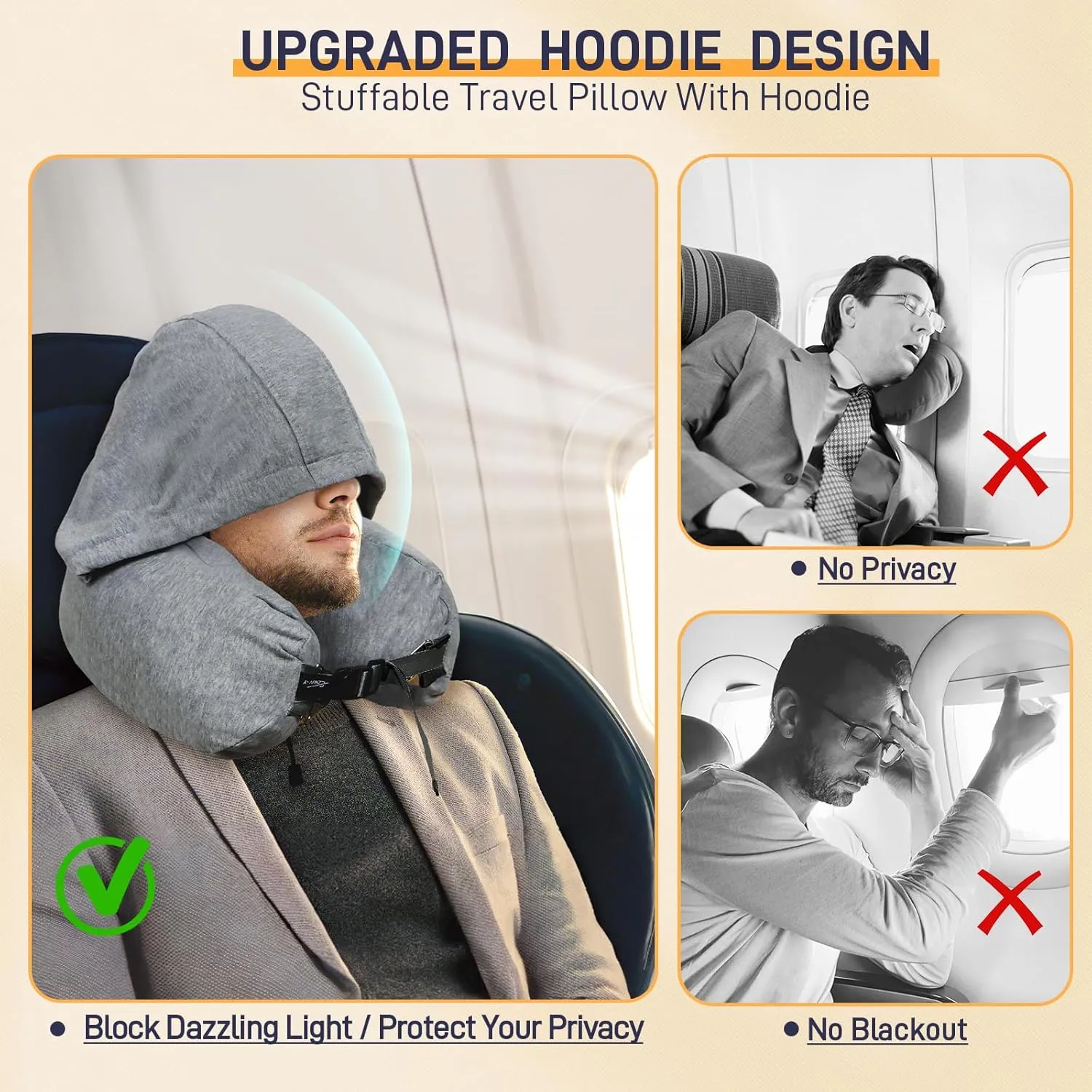 Stuffable Neck Pillow for Travel with Hood, Hoodie Travel Pillow Stuffable with Clothes, Fillable Travel Pillow Storage Bag, Soft Empty Neck Pillow Case, Packable for Airplane Travel Essentials