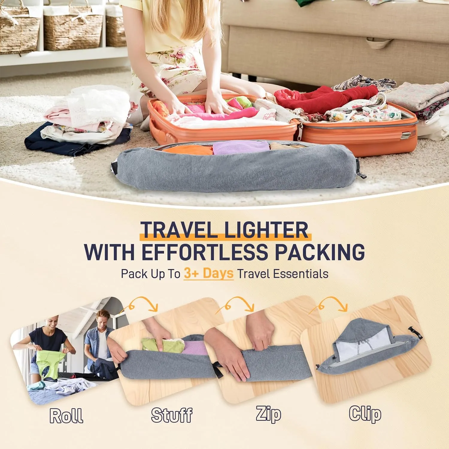Stuffable Neck Pillow for Travel with Hood, Hoodie Travel Pillow Stuffable with Clothes, Fillable Travel Pillow Storage Bag, Soft Empty Neck Pillow Case, Packable for Airplane Travel Essentials