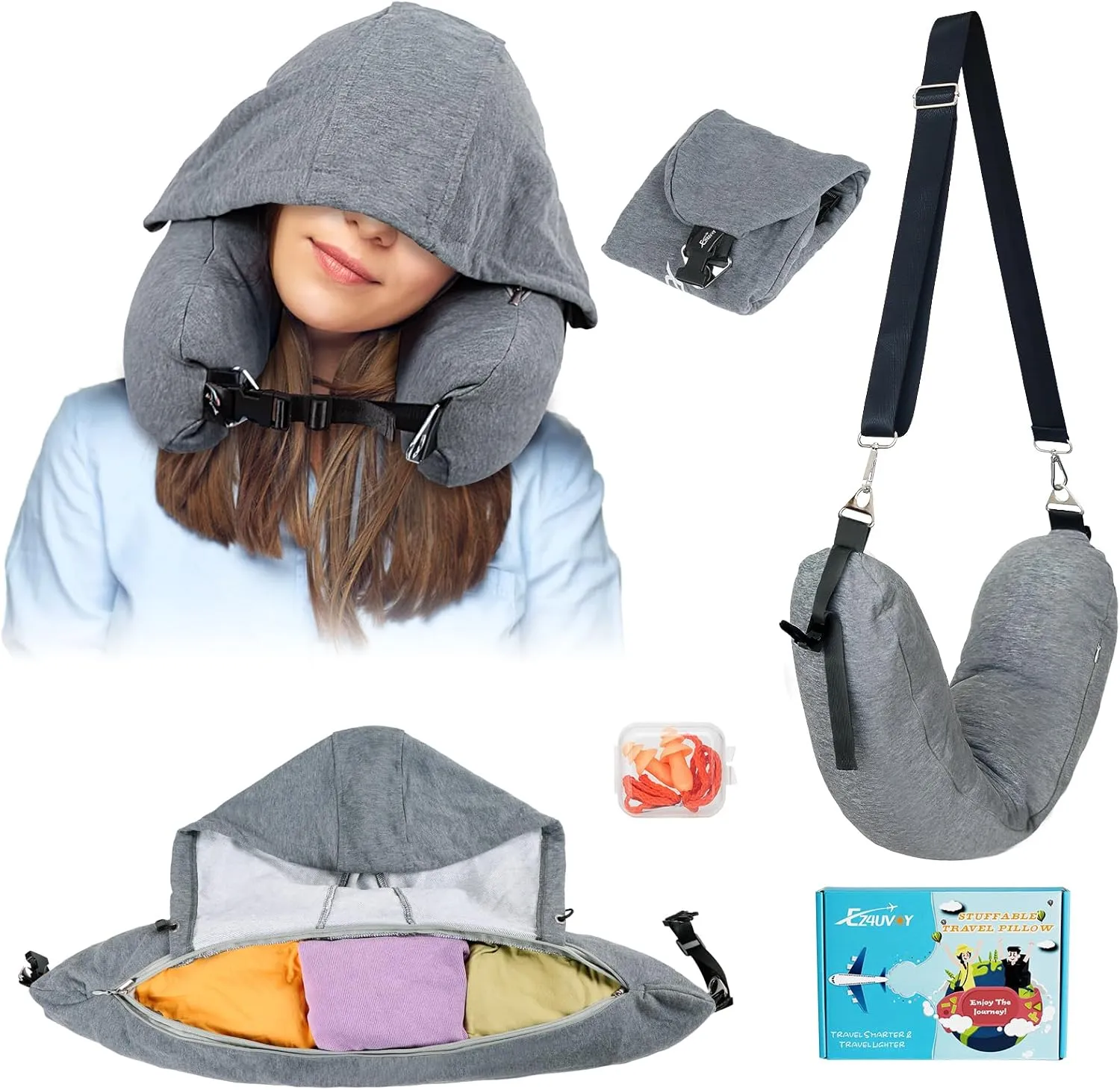 Stuffable Neck Pillow for Travel with Hood, Hoodie Travel Pillow Stuffable with Clothes, Fillable Travel Pillow Storage Bag, Soft Empty Neck Pillow Case, Packable for Airplane Travel Essentials