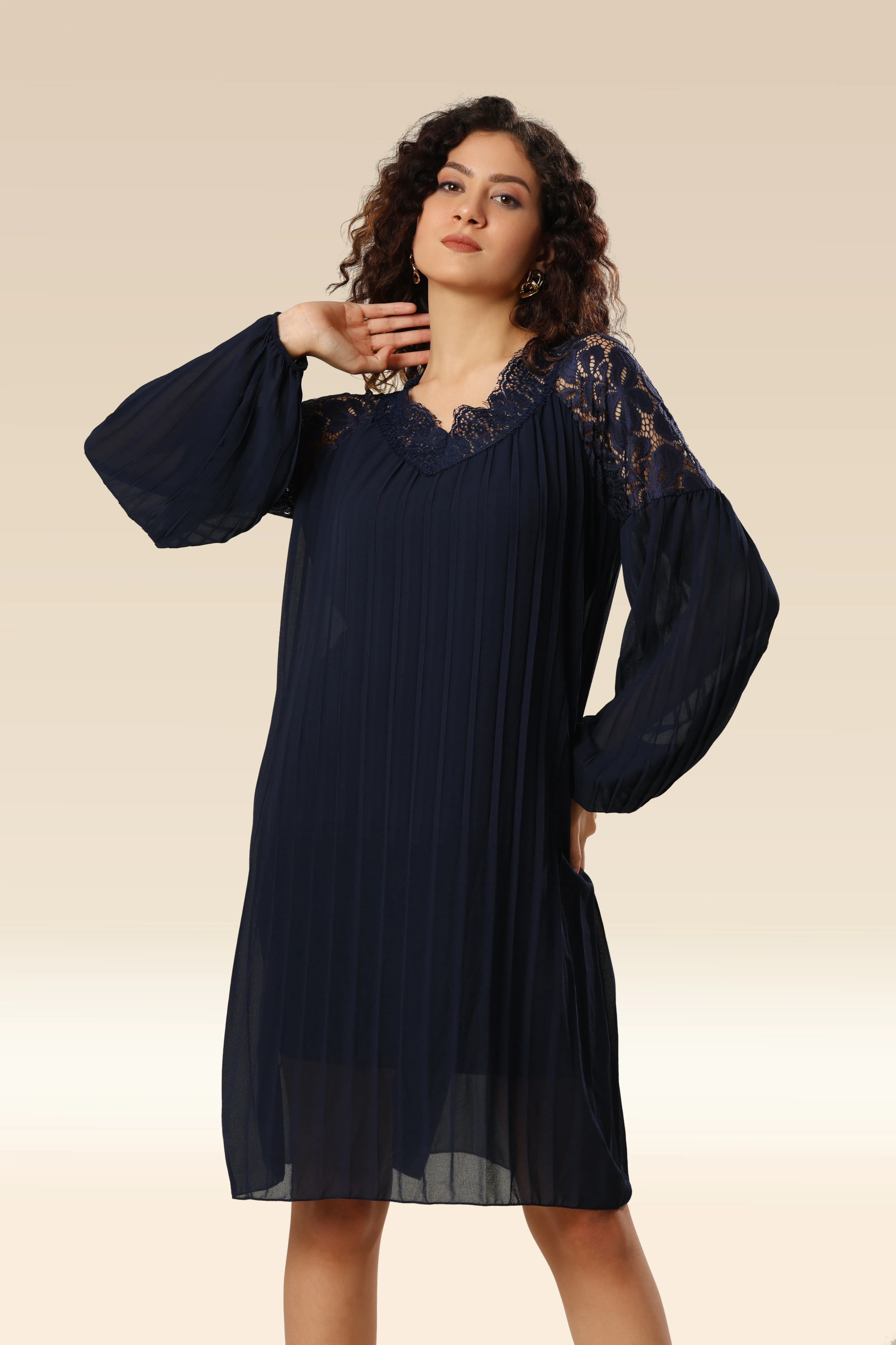 Stylishly Pleated Charming Lace Touch Dress