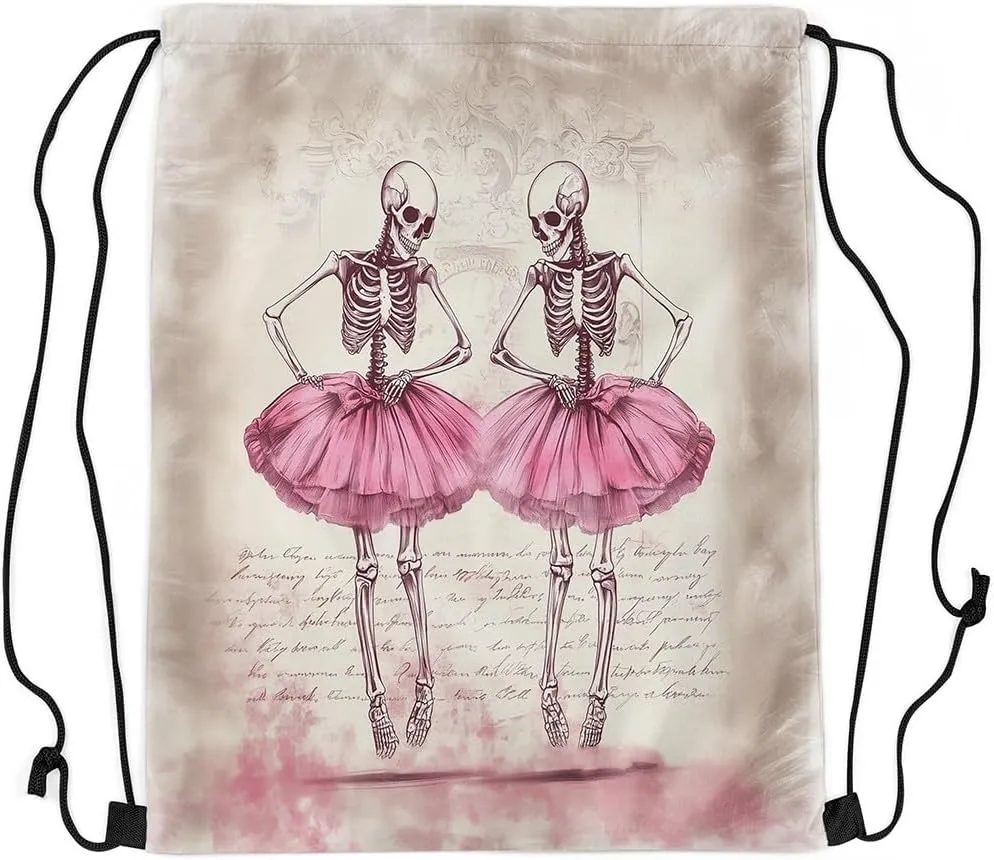 Sugar Skull Drawstring Bag,Ballet Dancer Pink Dress Drawstring Backpack,Gothic Romantic Art Draw String Bag Gym Packs Large Capacity