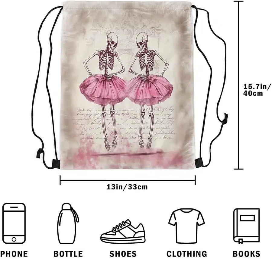 Sugar Skull Drawstring Bag,Ballet Dancer Pink Dress Drawstring Backpack,Gothic Romantic Art Draw String Bag Gym Packs Large Capacity