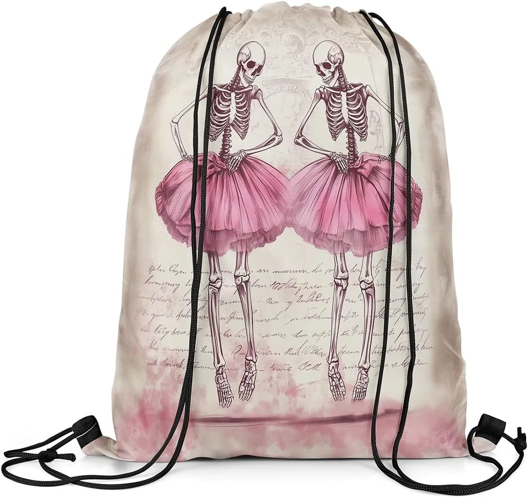 Sugar Skull Drawstring Bag,Ballet Dancer Pink Dress Drawstring Backpack,Gothic Romantic Art Draw String Bag Gym Packs Large Capacity