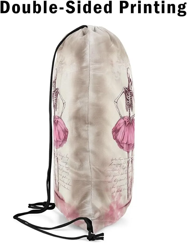 Sugar Skull Drawstring Bag,Ballet Dancer Pink Dress Drawstring Backpack,Gothic Romantic Art Draw String Bag Gym Packs Large Capacity