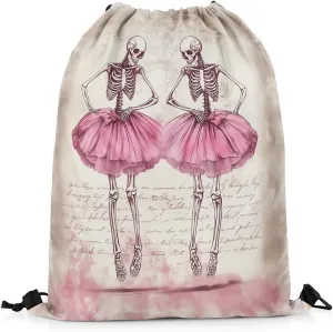 Sugar Skull Drawstring Bag,Ballet Dancer Pink Dress Drawstring Backpack,Gothic Romantic Art Draw String Bag Gym Packs Large Capacity