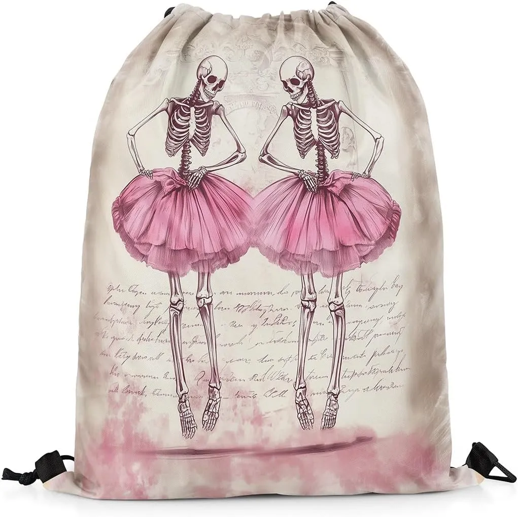 Sugar Skull Drawstring Bag,Ballet Dancer Pink Dress Drawstring Backpack,Gothic Romantic Art Draw String Bag Gym Packs Large Capacity