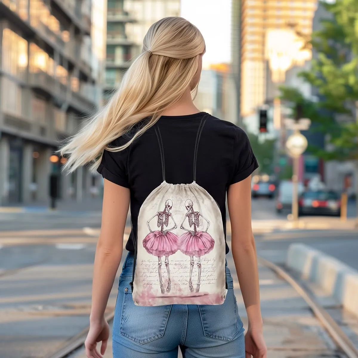 Sugar Skull Drawstring Bag,Ballet Dancer Pink Dress Drawstring Backpack,Gothic Romantic Art Draw String Bag Gym Packs Large Capacity