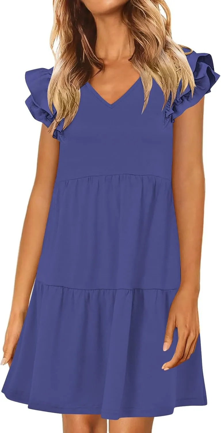 Summer Babydoll Dresses for Women 2025 Cute Ruffle Cap Sleeve V-Neck Mini Sundress Tiered Flowy Short Tunic Dress