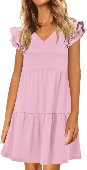 Summer Babydoll Dresses for Women 2025 Cute Ruffle Cap Sleeve V-Neck Mini Sundress Tiered Flowy Short Tunic Dress