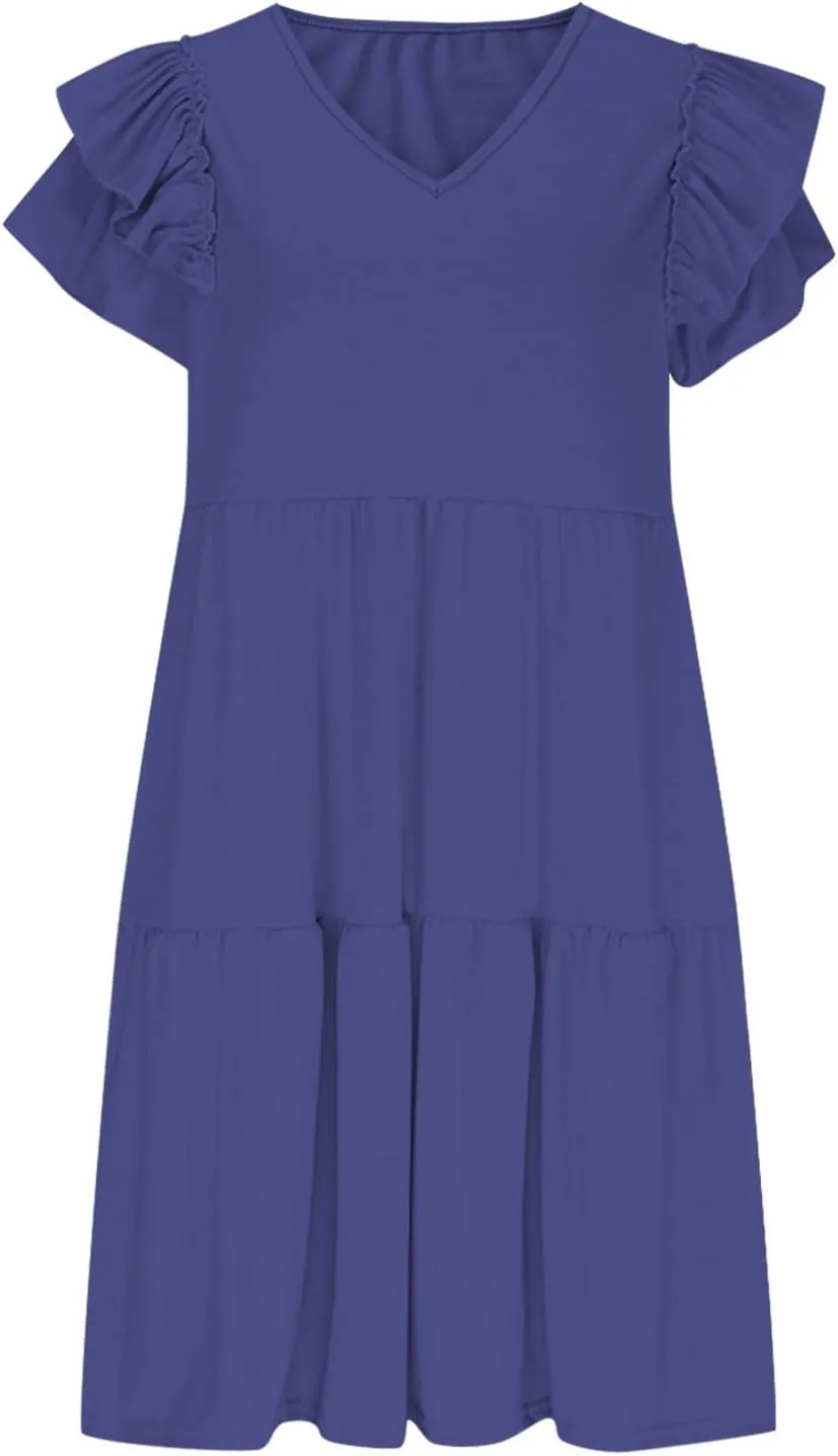 Summer Babydoll Dresses for Women 2025 Cute Ruffle Cap Sleeve V-Neck Mini Sundress Tiered Flowy Short Tunic Dress