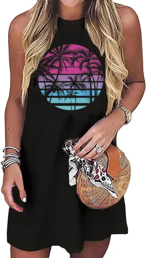 Sun Salt Sand Coconut Tree Tank Mini Dress for Women Sleeveless Beach Praty Shirts Summer Vacation Short Mini Dresses
