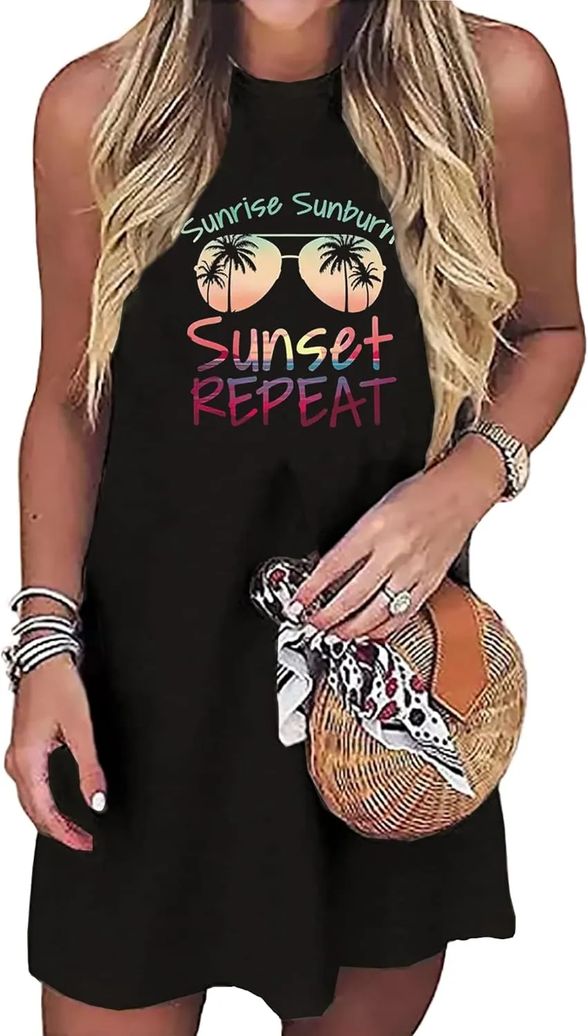 Sun Salt Sand Coconut Tree Tank Mini Dress for Women Sleeveless Beach Praty Shirts Summer Vacation Short Mini Dresses
