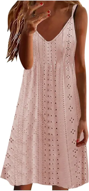 Sundresses for Women 2025 Beach Vacation Lace Eyelet V Neck Mini Dress Sexy Spaghetti Strap Summer Flowy Beach Outfit