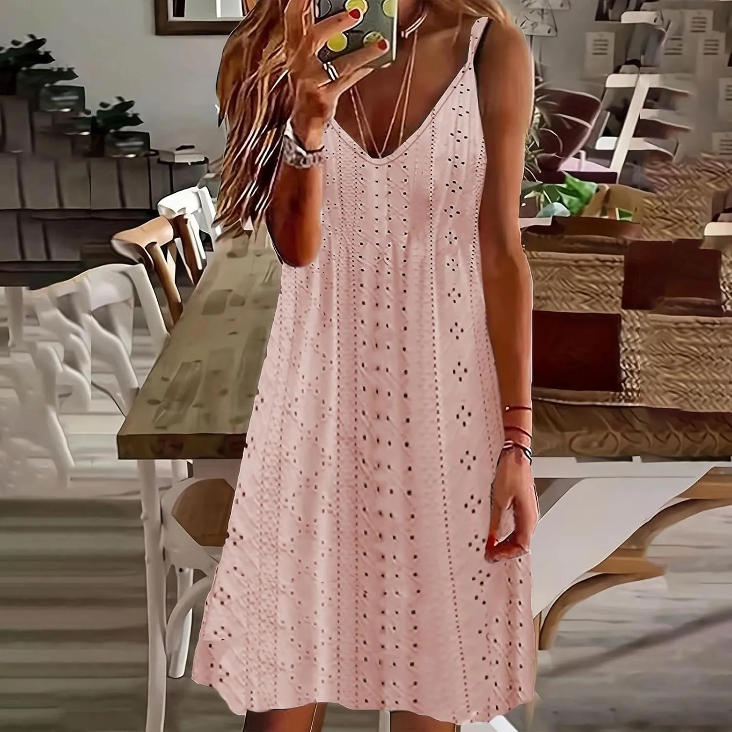 Sundresses for Women 2025 Beach Vacation Lace Eyelet V Neck Mini Dress Sexy Spaghetti Strap Summer Flowy Beach Outfit