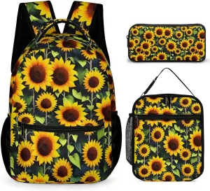 Sunflower Backpack with Lunch Box & Pencil Case, 16 Inch Cute Sunflowers Themed Bookbag, Adjustable Lightweight Large Capacity, Colorful Daily Casual Backpacks Set with Lunch Bag