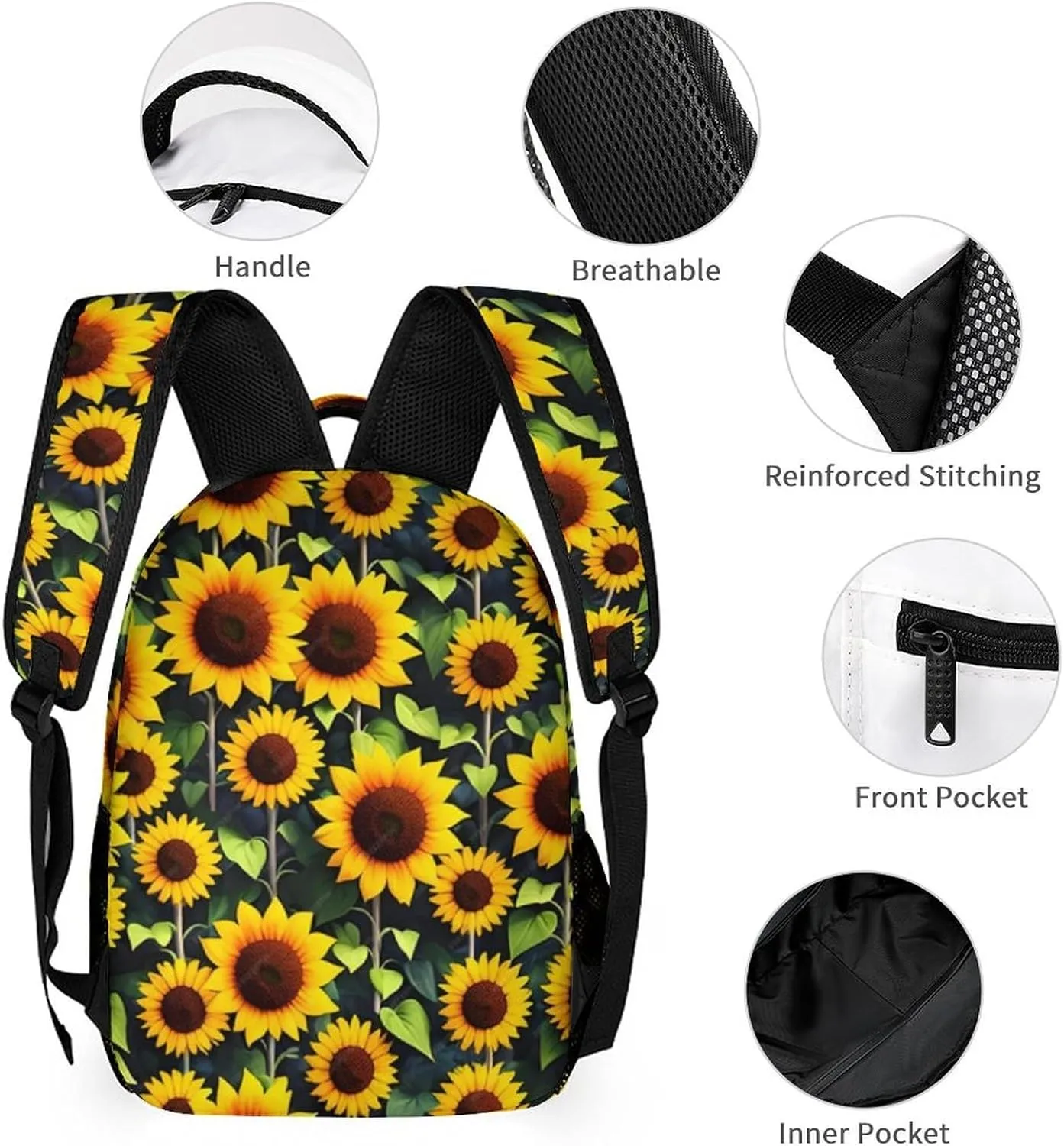 Sunflower Backpack with Lunch Box & Pencil Case, 16 Inch Cute Sunflowers Themed Bookbag, Adjustable Lightweight Large Capacity, Colorful Daily Casual Backpacks Set with Lunch Bag