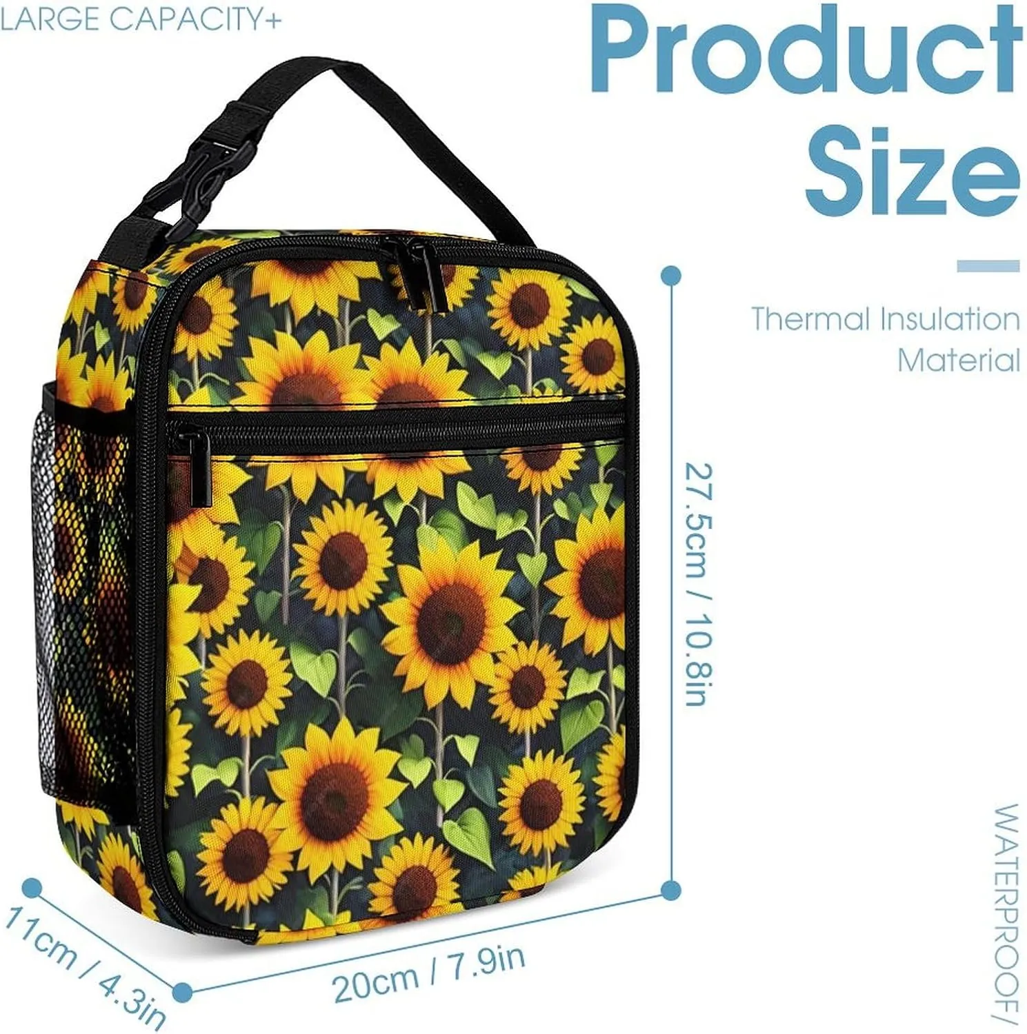 Sunflower Backpack with Lunch Box & Pencil Case, 16 Inch Cute Sunflowers Themed Bookbag, Adjustable Lightweight Large Capacity, Colorful Daily Casual Backpacks Set with Lunch Bag