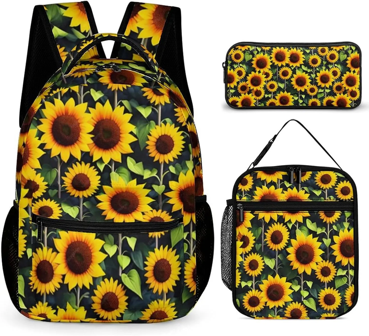 Sunflower Backpack with Lunch Box & Pencil Case, 16 Inch Cute Sunflowers Themed Bookbag, Adjustable Lightweight Large Capacity, Colorful Daily Casual Backpacks Set with Lunch Bag
