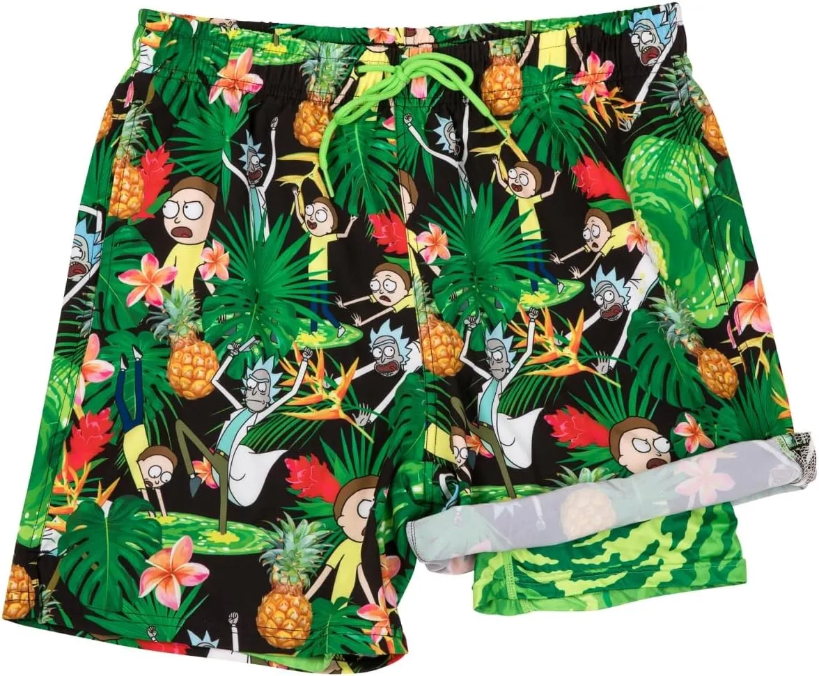 Super Retro Rick and Morty Tropical Adventures 6" Inseam Lined Swim Trunks
