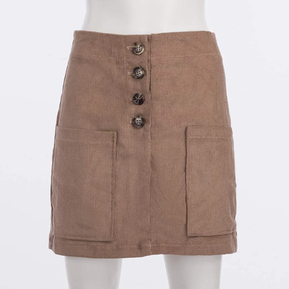 Susupeng Women High Waist Soft Faux Suede Button Down Skirt Slim Back Zip Side Pocket Mini Skirts
