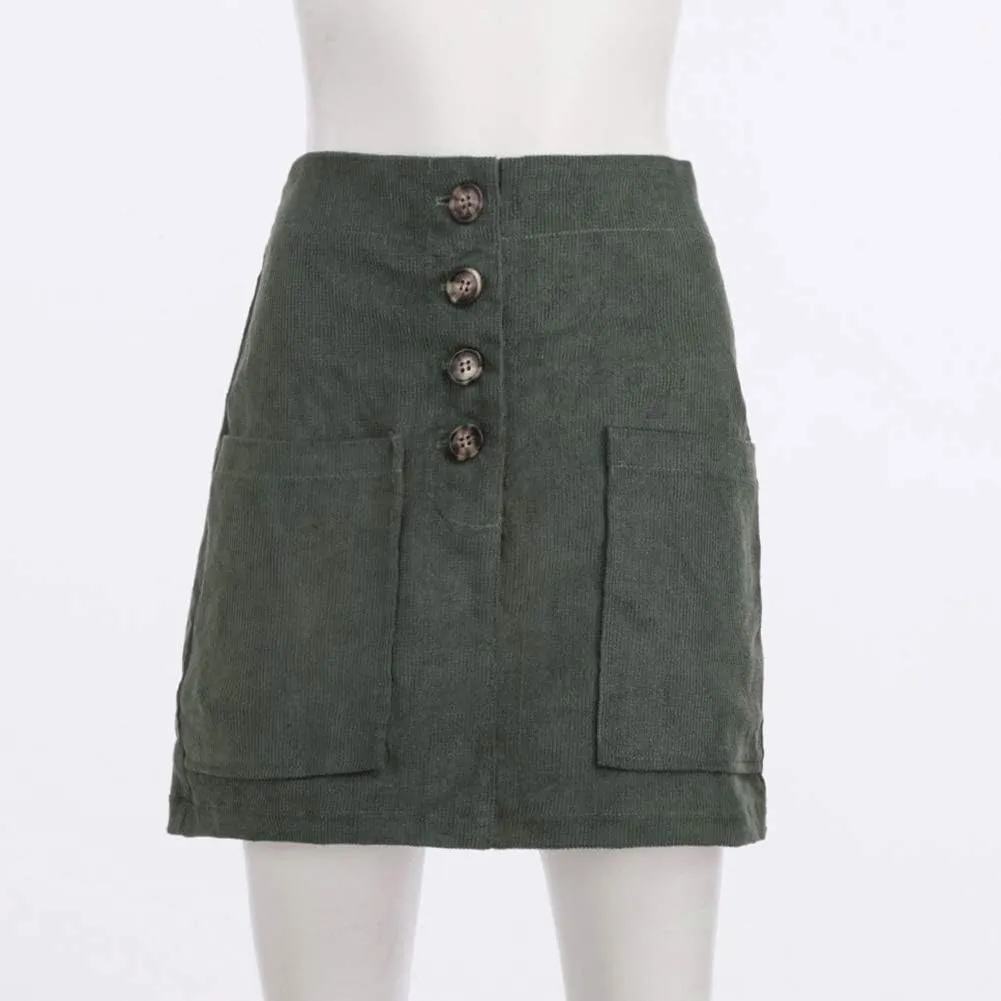 Susupeng Women High Waist Soft Faux Suede Button Down Skirt Slim Back Zip Side Pocket Mini Skirts