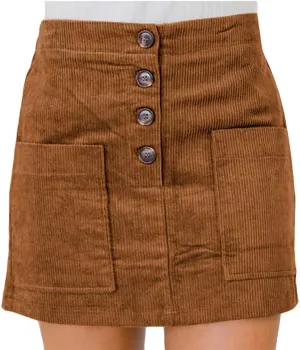 Susupeng Women High Waist Soft Faux Suede Button Down Skirt Slim Back Zip Side Pocket Mini Skirts