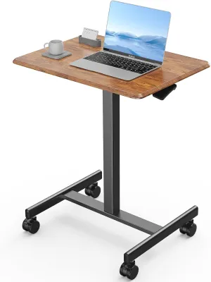 Sweetcrispy Small Mobile Standing Desk, Rolling Laptop Computer Carts, Portable Laptop Desk with Wheels, Adjustable Height Table for Home Office, Brown