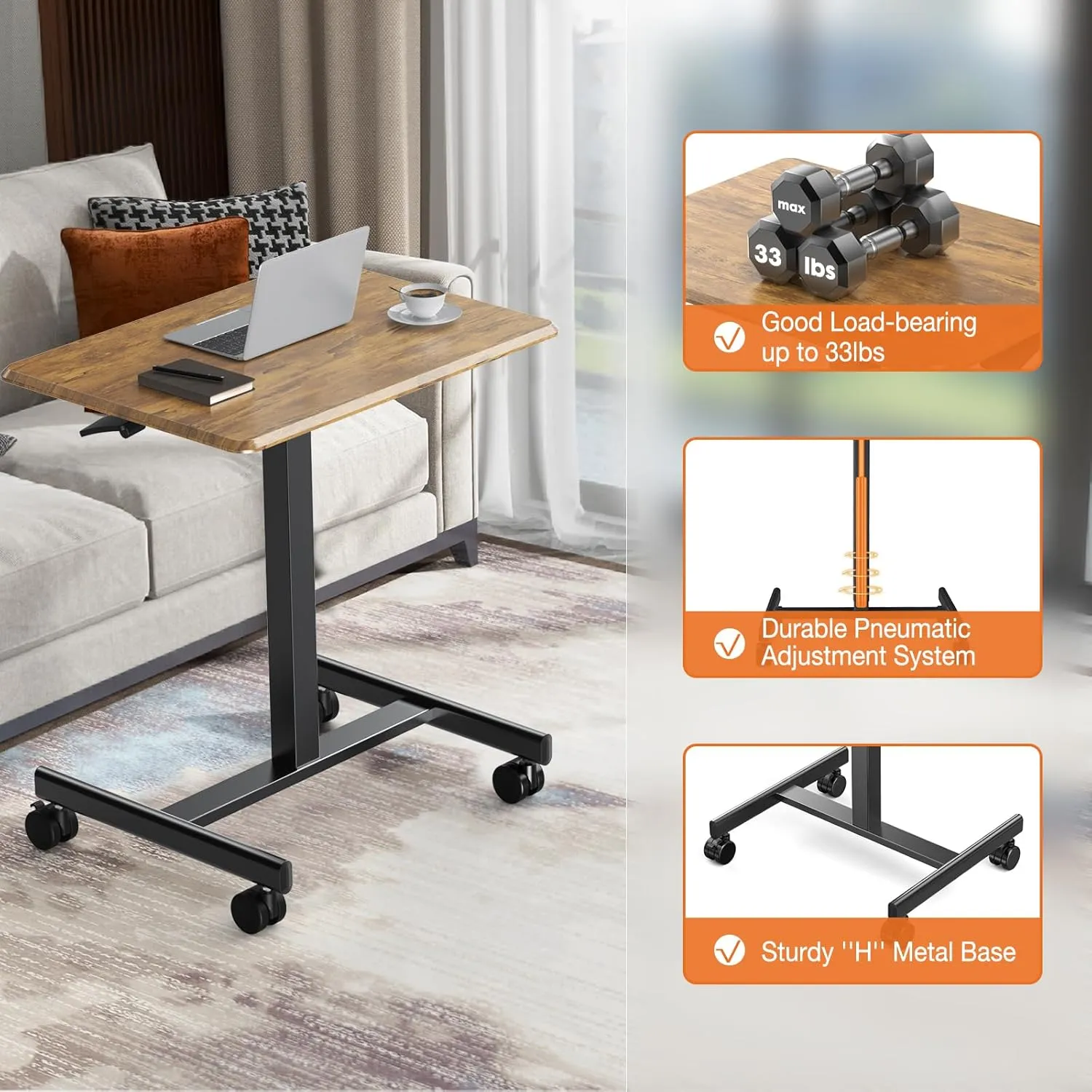 Sweetcrispy Small Mobile Standing Desk, Rolling Laptop Computer Carts, Portable Laptop Desk with Wheels, Adjustable Height Table for Home Office, Brown