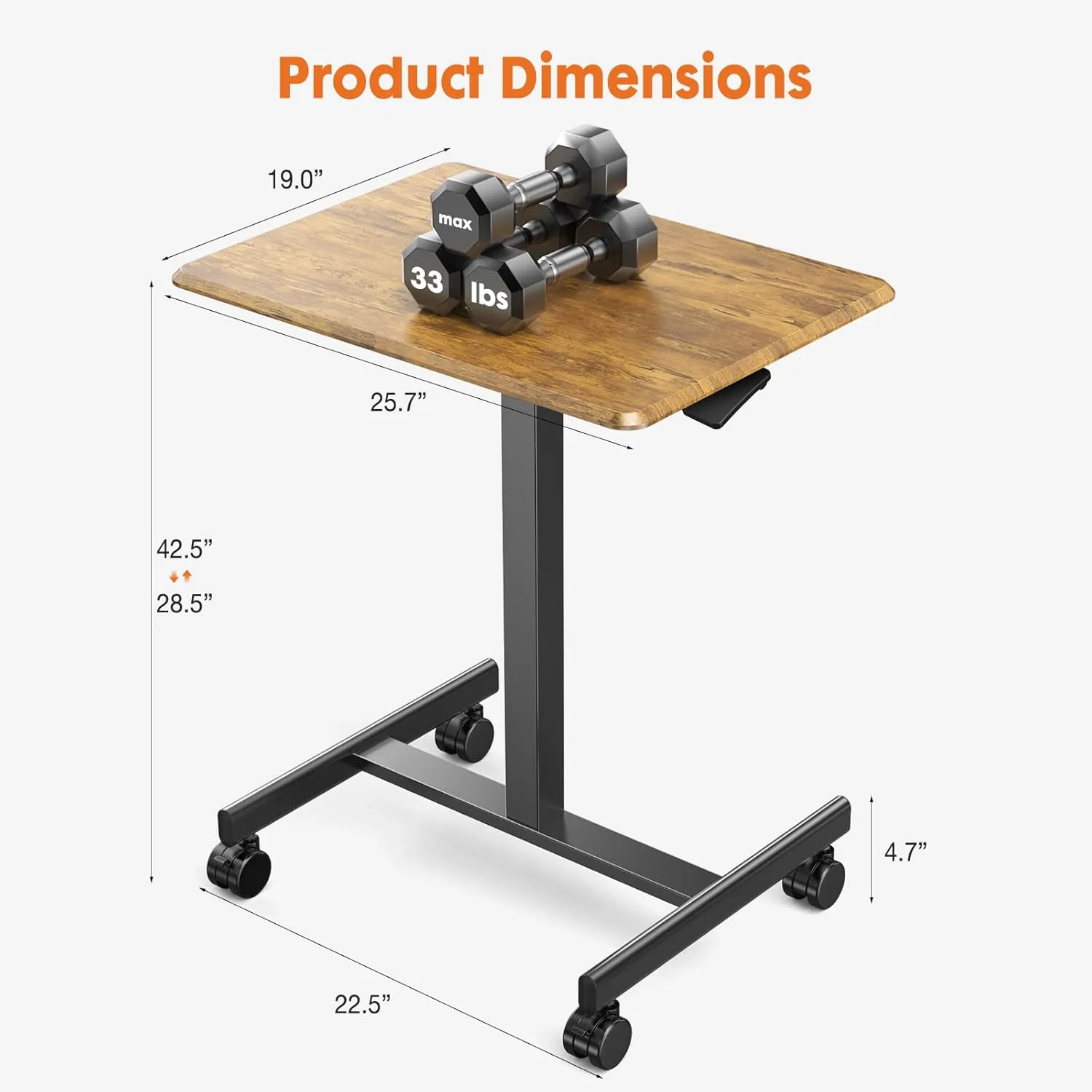 Sweetcrispy Small Mobile Standing Desk, Rolling Laptop Computer Carts, Portable Laptop Desk with Wheels, Adjustable Height Table for Home Office, Brown
