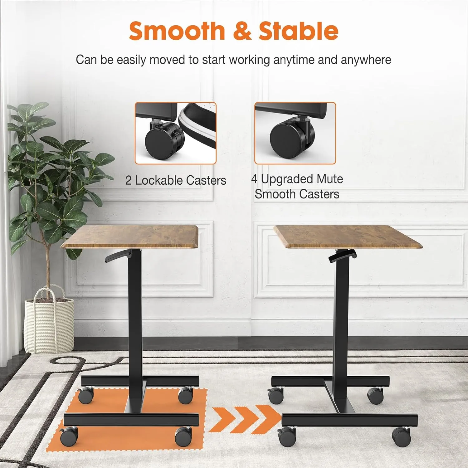 Sweetcrispy Small Mobile Standing Desk, Rolling Laptop Computer Carts, Portable Laptop Desk with Wheels, Adjustable Height Table for Home Office, Brown